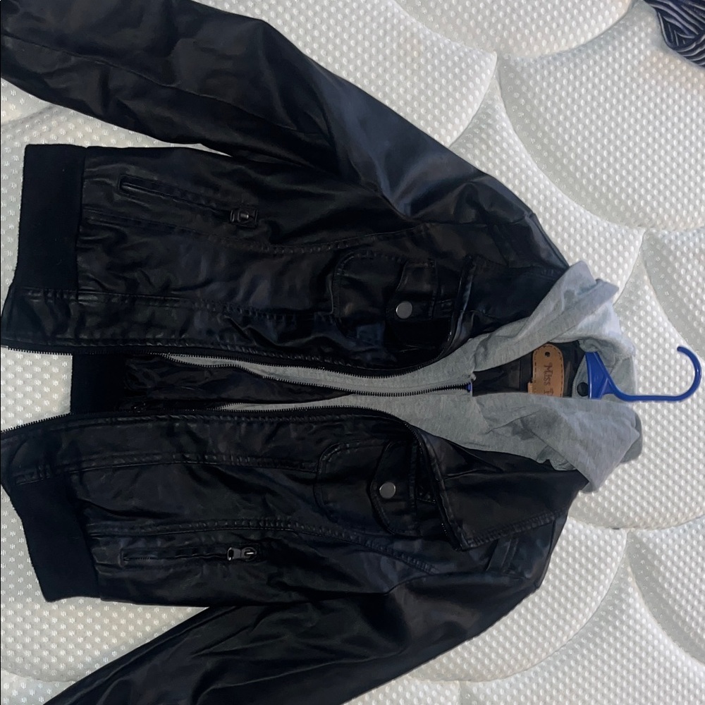 Women's Black Leather Jacket with Gray Hood